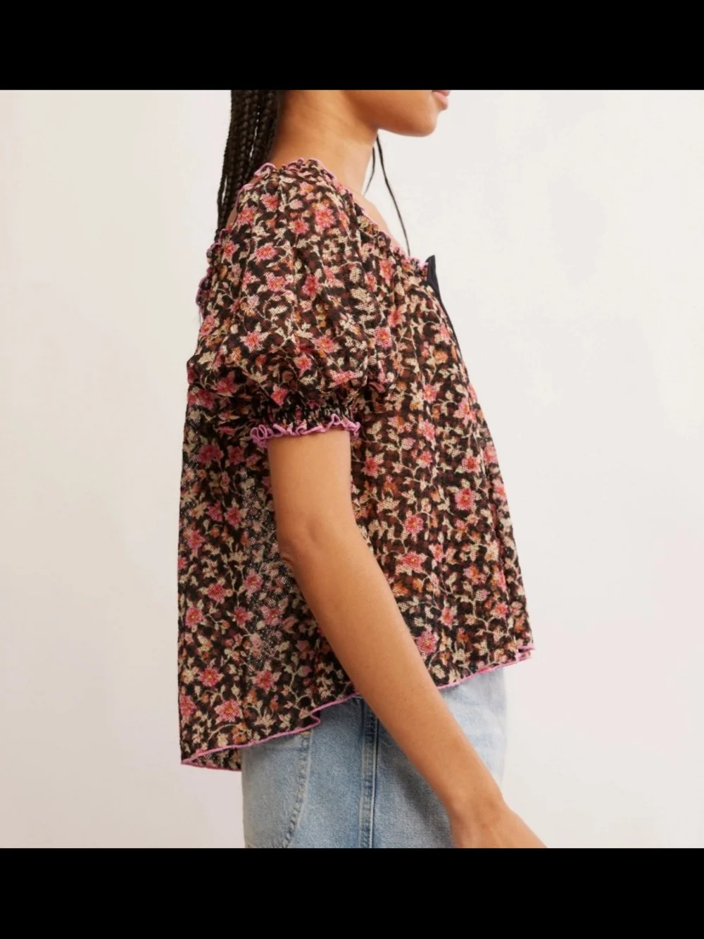Free People Floral Puff-Sleeve Peasant Top in Black and Pink, SZ L, NWT